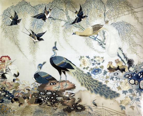 A Chinese embroidered silk picture of birds amid rockwork and foliage, late 19th / early 20th century, 56 x 63cm, losses to frame